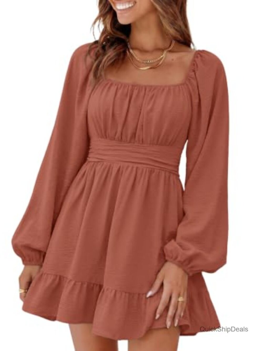 Womens Lantern Sleeve Smocked Waist Backless Mini Dress